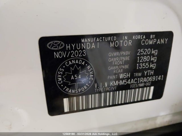 Auction sale of the 2024 Hyundai Ioniq 6 Limited, vin: KMHM54AC1RA069141, lot number: 12569190
