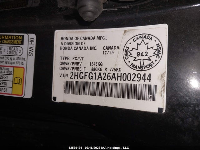 Aukcja sprzedaży 2010 Honda Civic, vin: 2HGFG1A26AH002944, numer aukcji: 12569191