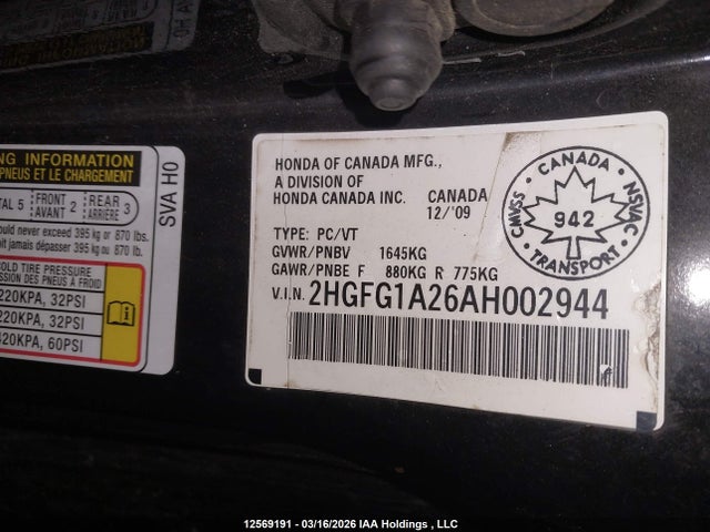 Aukcja sprzedaży 2010 Honda Civic, vin: 2HGFG1A26AH002944, numer aukcji: 12569191