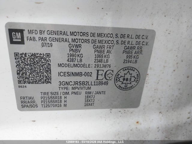 Продаж на аукціоні авто 2020 Chevrolet Trax Premier, vin: 3GNCJRSB2LL118949, номер лоту: 12569193