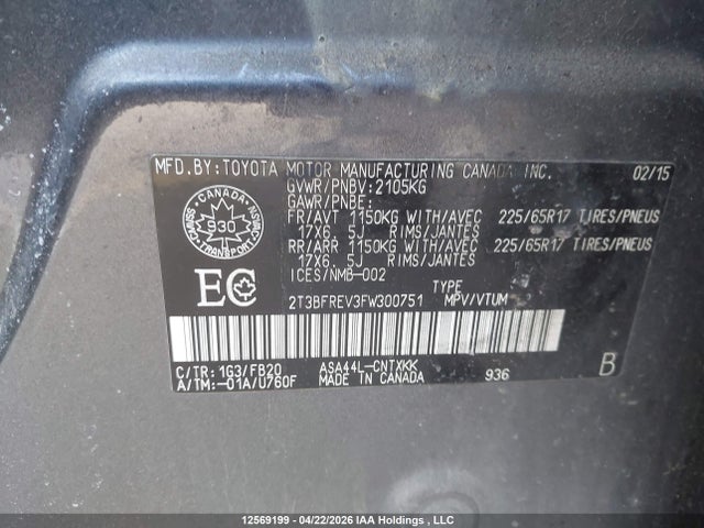 12569199 :رقم المزاد ، 2T3BFREV3FW300751 vin ، 2015 Toyota Rav4 مزاد بيع