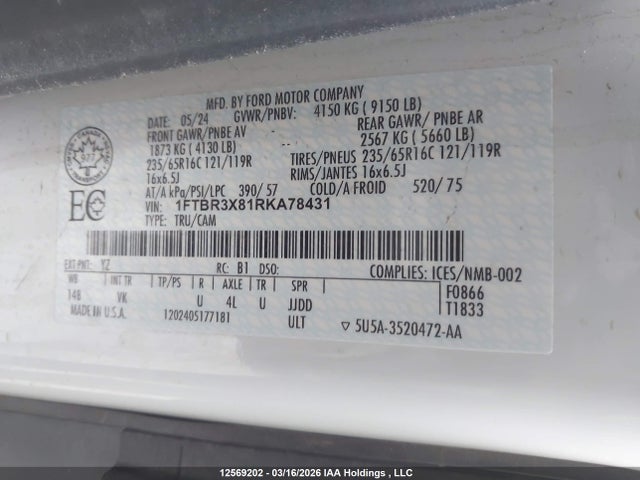 Продаж на аукціоні авто 2024 Ford Transit T-250, vin: 1FTBR3X81RKA78431, номер лоту: 12569202