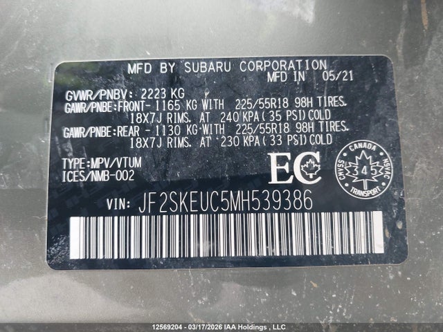 Aukcja sprzedaży 2021 Subaru Forester Limited, vin: JF2SKEUC5MH539386, numer aukcji: 12569204
