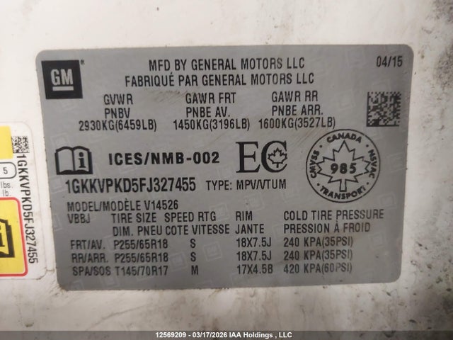 1GKKVPKD5FJ327455 GMC Acadia