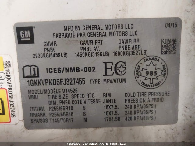 1GKKVPKD5FJ327455 GMC Acadia