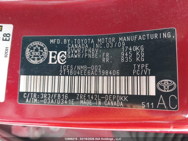 12569215 :رقم المزاد ، 2T1BU4EE6AC198406 vin ، 2010 Toyota Corolla مزاد بيع