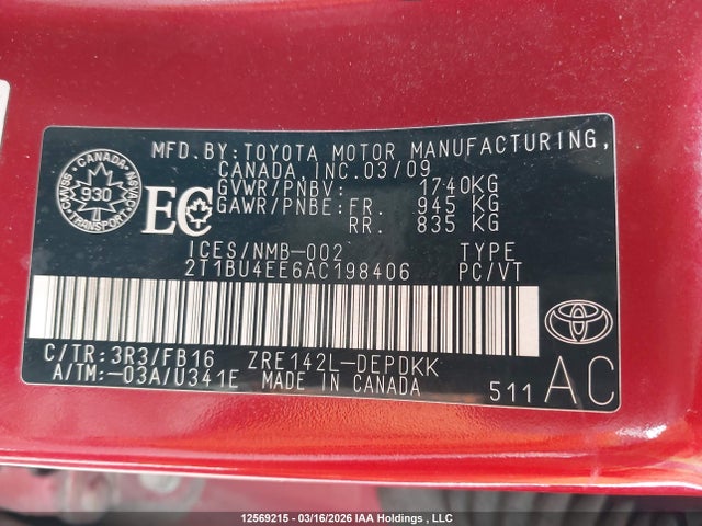 12569215 :رقم المزاد ، 2T1BU4EE6AC198406 vin ، 2010 Toyota Corolla مزاد بيع