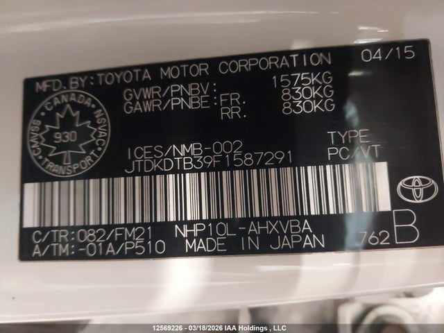 JTDKDTB39F1587291 Toyota PRIUS C