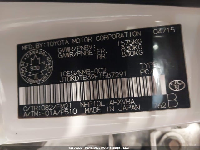 JTDKDTB39F1587291 Toyota PRIUS C