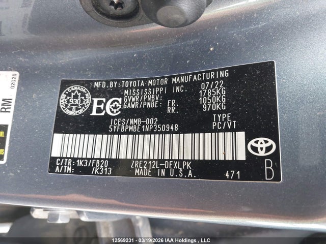 12569231 :رقم المزاد ، 5YFBPMBE1NP350948 vin ، 2022 Toyota Corolla Le مزاد بيع