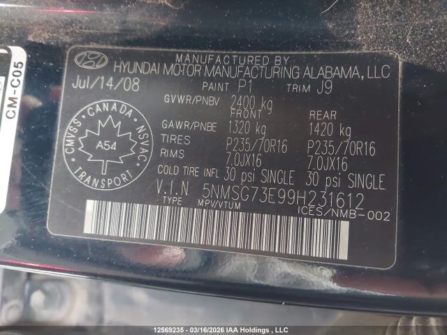 Продаж на аукціоні авто 2009 Hyundai Santa Fe Gl, vin: 5NMSG73E99H231612, номер лоту: 12569235