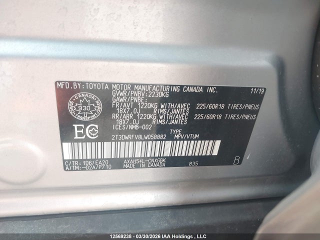 Aukcja sprzedaży 2020 Toyota Rav4, vin: 2T3DWRFV8LW058882, numer aukcji: 12569238