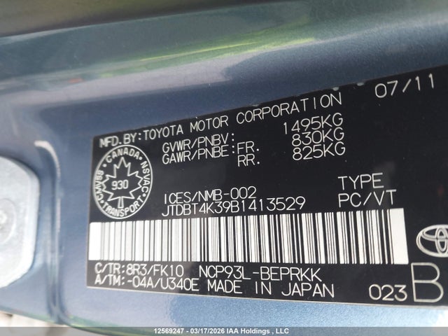 12569247 :رقم المزاد ، JTDBT4K39B1413529 vin ، 2011 Toyota Yaris مزاد بيع