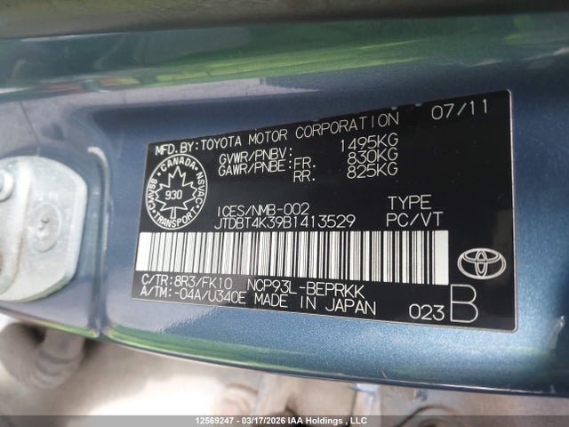 12569247 :رقم المزاد ، JTDBT4K39B1413529 vin ، 2011 Toyota Yaris مزاد بيع