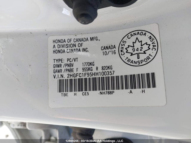 Aukcja sprzedaży 2017 Honda Civic Touring, vin: 2HGFC1F95HH100357, numer aukcji: 12569255