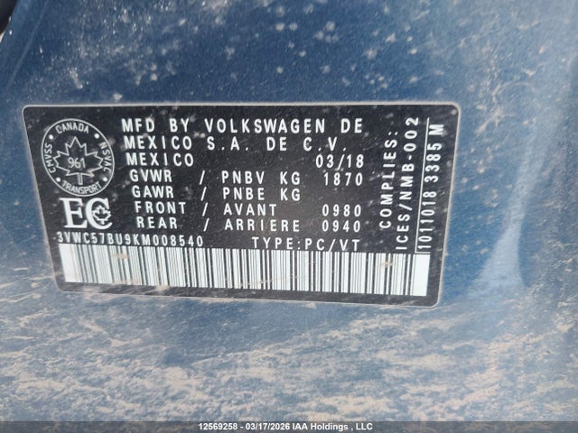 3VWC57BU9KM008540 Volkswagen Jetta 1.4 Tsi Comfortline