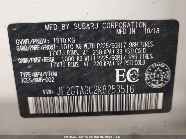 Aukcja sprzedaży 2019 Subaru Crosstrek Premium, vin: JF2GTAGC2K8253516, numer aukcji: 12569263