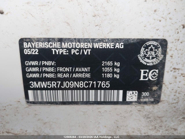 12569264 :رقم المزاد ، 3MW5R7J09N8C71765 vin ، 2022 Bmw 330i Xdrive مزاد بيع