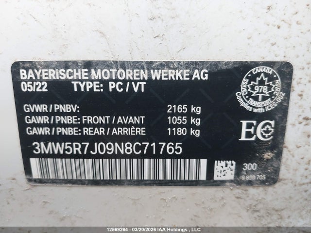 12569264 :رقم المزاد ، 3MW5R7J09N8C71765 vin ، 2022 Bmw 330i Xdrive مزاد بيع