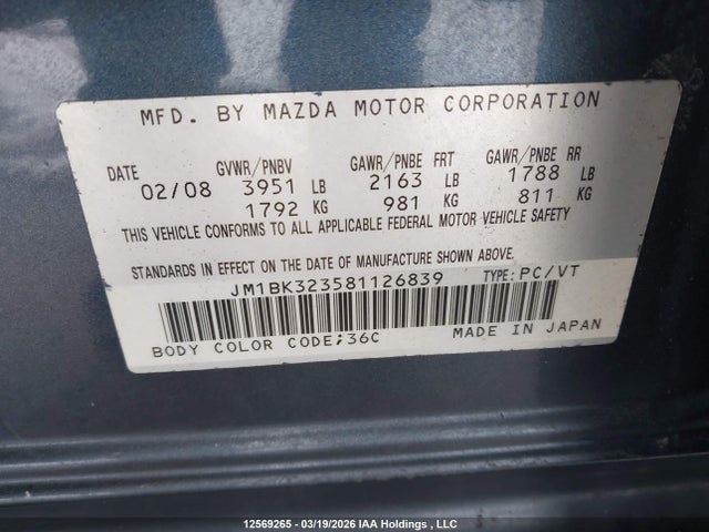 Aukcja sprzedaży 2008 Mazda Mazda3, vin: JM1BK323581126839, numer aukcji: 12569265