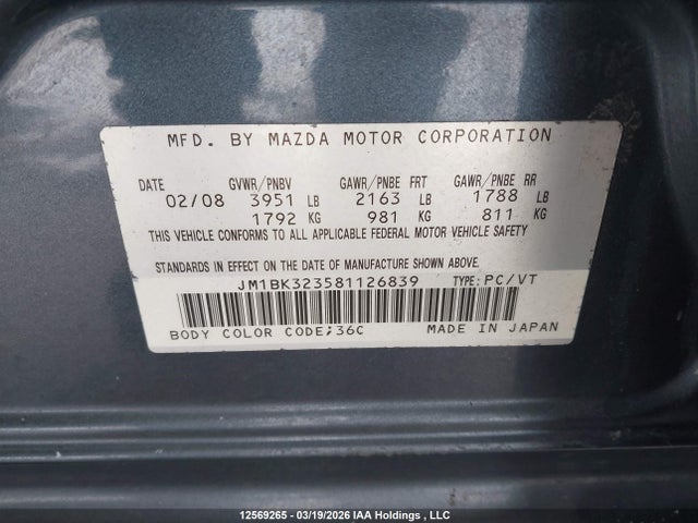 Aukcja sprzedaży 2008 Mazda Mazda3, vin: JM1BK323581126839, numer aukcji: 12569265