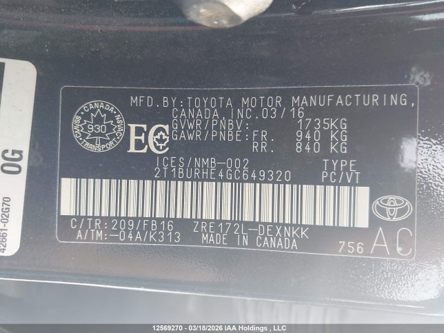 2T1BURHE4GC649320 Toyota COROLLA LE