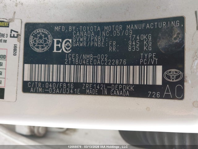 Продаж на аукціоні авто 2010 Toyota Corolla Ce, vin: 2T1BU4EE0AC222876, номер лоту: 12555578