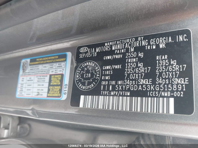 5XYPGDA53KG515891 KIA Sorento 2.4l Lx/3.3l Lx
