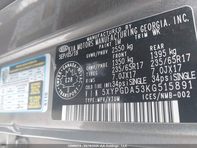 5XYPGDA53KG515891 KIA Sorento 2.4l Lx/3.3l Lx