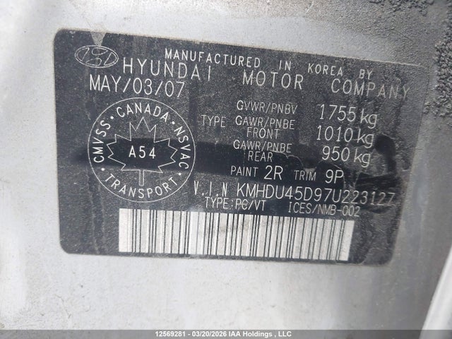 Aukcja sprzedaży 2007 Hyundai Elantra Gl/gls, vin: KMHDU45D97U223127, numer aukcji: 12569281