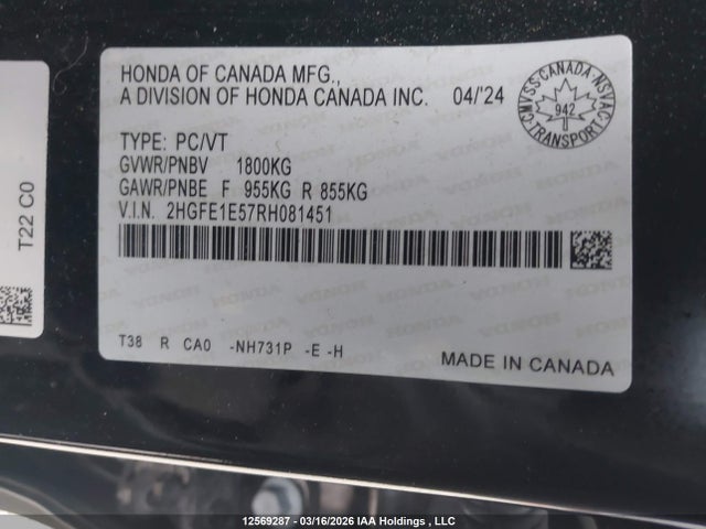 2024 Honda Civic Si Si მანქანა იყიდება აუქციონზე, vin: 2HGFE1E57RH081451, აუქციონის ნომერი: 12569287