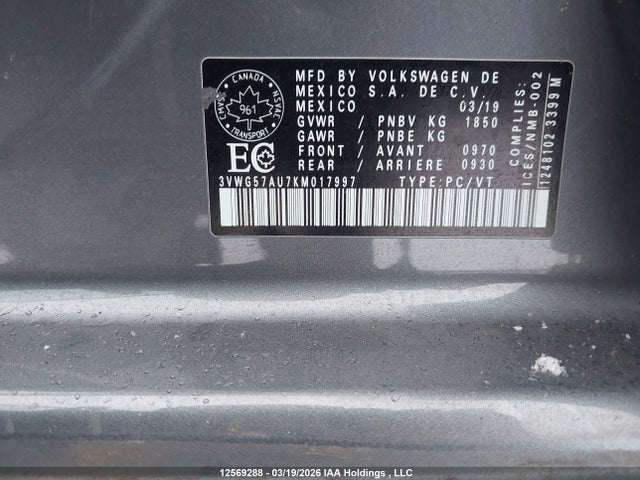 3VWG57AU7KM017997 Volkswagen Golf