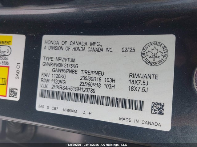 2HKRS4H51SH120789 Honda Cr-v Sport