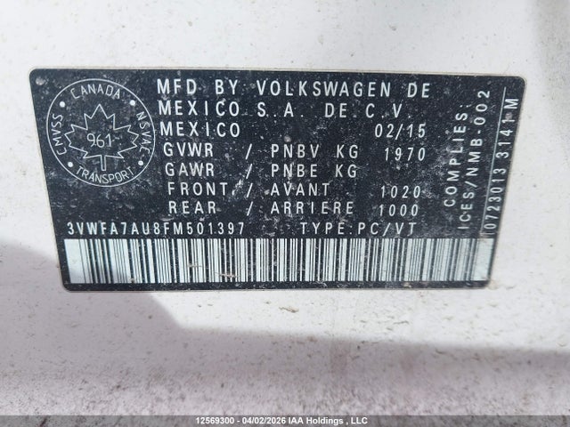 12569300 :رقم المزاد ، 3VWFA7AU8FM501397 vin ، 2015 Volkswagen Golf Sportwagen Tdi S/tdi Se/tdi Sel مزاد بيع