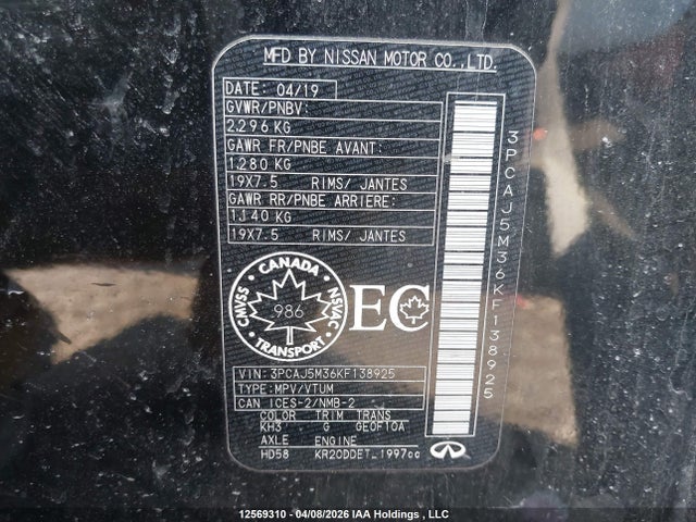 Aukcja sprzedaży 2019 Infiniti Qx50 Autograph/essential/luxe/proactive/sensory, vin: 3PCAJ5M36KF138925, numer aukcji: 12569310