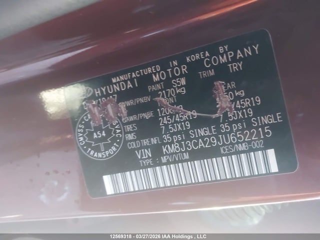 KM8J3CA29JU652215 Hyundai Tucson Limited/sport And Eco/se