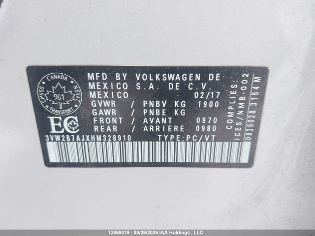 Продажа на аукционе авто 2017 Volkswagen Jetta 1.4 Tsi Trendline+, vin: 3VW2B7AJXHM328910, номер лота: 12569319
