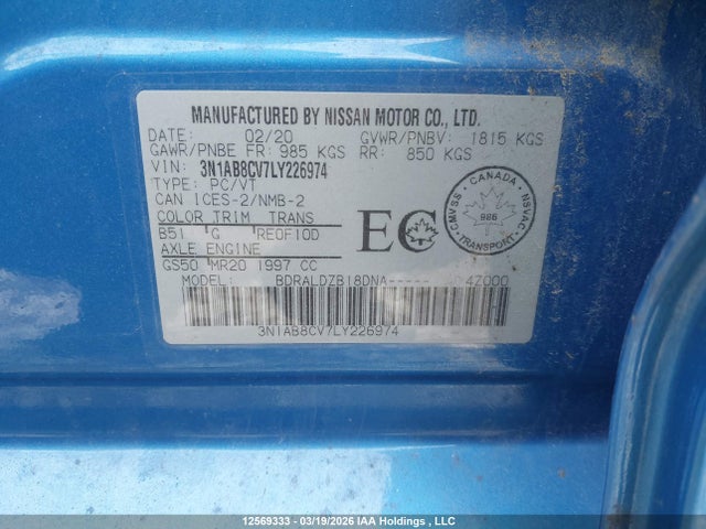 2020 Nissan Sentra Sv მანქანა იყიდება აუქციონზე, vin: 3N1AB8CV7LY226974, აუქციონის ნომერი: 12569333