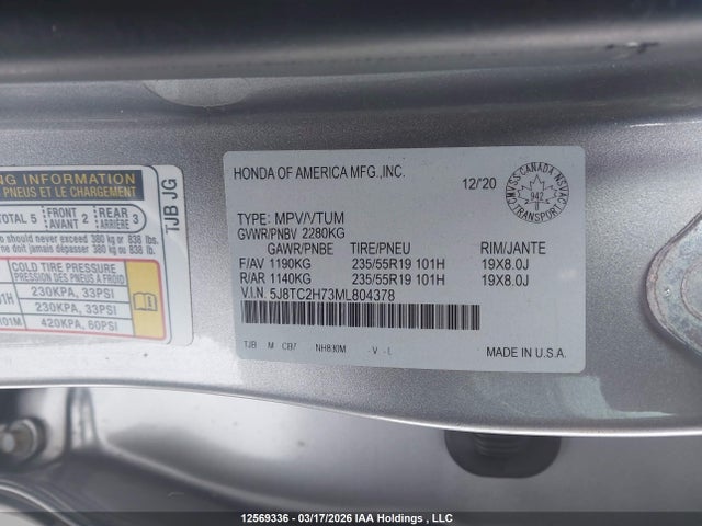 Aukcja sprzedaży 2021 Acura Rdx Elite, vin: 5J8TC2H73ML804378, numer aukcji: 12569336