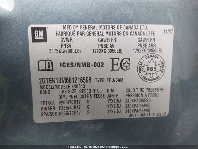 Aukcja sprzedaży 2008 Gmc Sierra 1500 Sle/slt/wt, vin: 2GTEK13M681216598, numer aukcji: 12569340