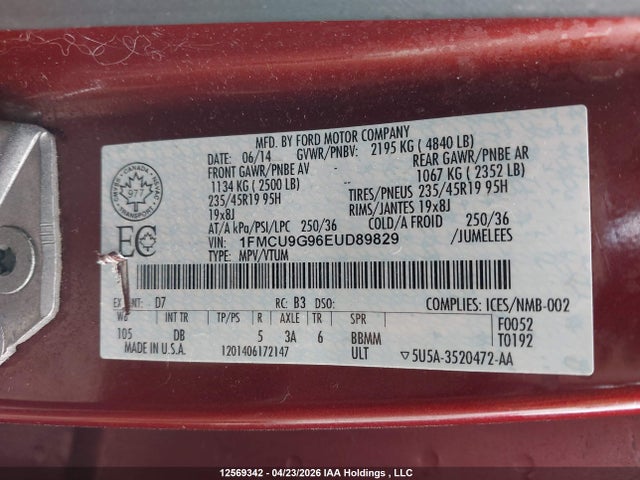 Продаж на аукціоні авто 2014 Ford Escape, vin: 1FMCU9G96EUD89829, номер лоту: 12569342