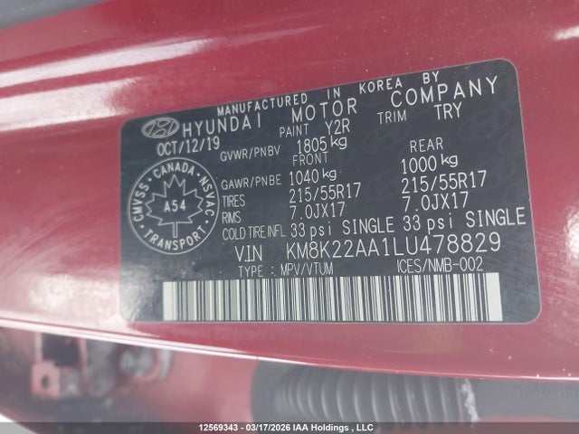 KM8K22AA1LU478829 Hyundai Kona Sel
