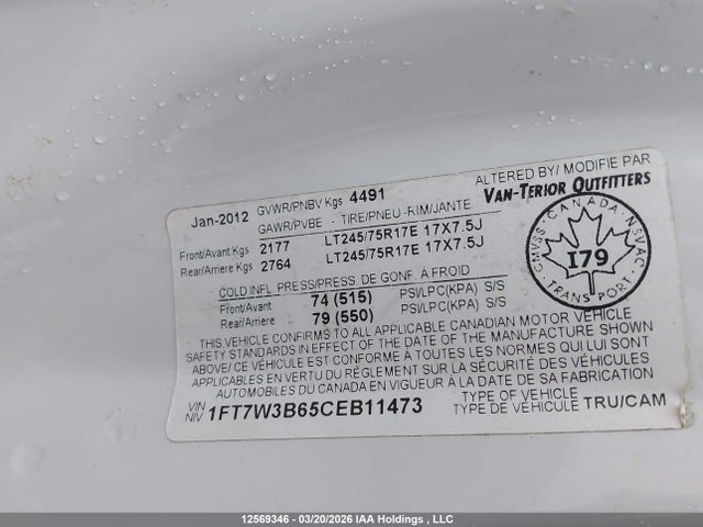 Aukcja sprzedaży 2012 Ford F350, vin: 1FT7W3B65CEB11473, numer aukcji: 12569346