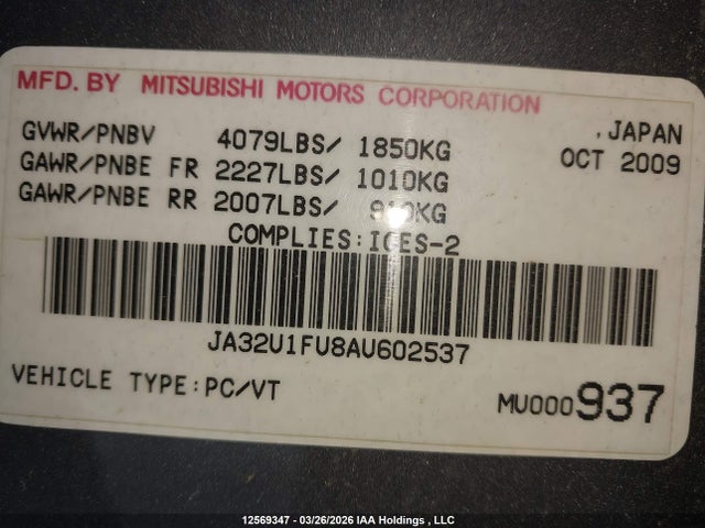 Aukcja sprzedaży 2010 Mitsubishi Lancer De, vin: JA32U1FU8AU602537, numer aukcji: 12569347