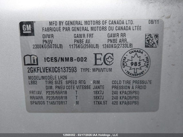 12569352 :رقم المزاد ، 2GKFLVEK0C6137593 vin ، 2012 Gmc Terrain Slt-1 مزاد بيع
