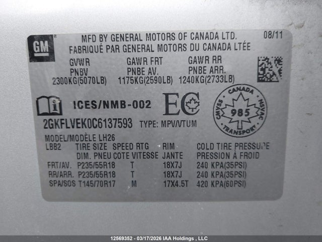12569352 :رقم المزاد ، 2GKFLVEK0C6137593 vin ، 2012 Gmc Terrain Slt-1 مزاد بيع