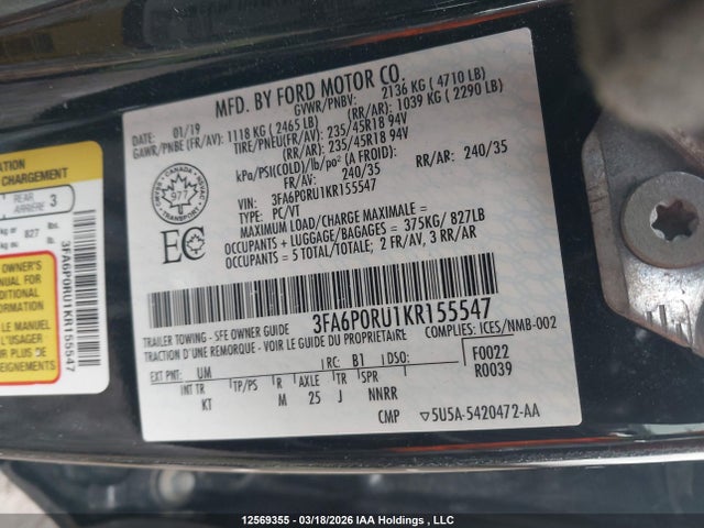 Продажа на аукционе авто 2019 Ford Fusion Hybrid Titanium, vin: 3FA6P0RU1KR155547, номер лота: 12569355