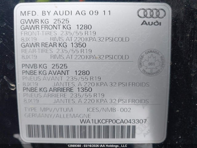 2012 Audi Q5 Premium Plus მანქანა იყიდება აუქციონზე, vin: WA1LKCFP0CA043307, აუქციონის ნომერი: 12569360