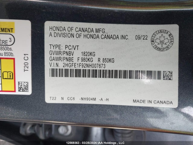 2022 Honda Civic მანქანა იყიდება აუქციონზე, vin: 2HGFE1F92NH007673, აუქციონის ნომერი: 12569363