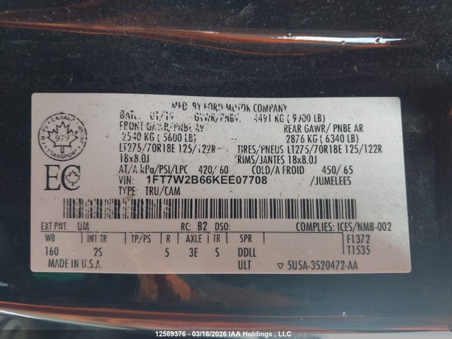Aukcja sprzedaży 2019 Ford F250 Super Duty, vin: 1FT7W2B66KEE07708, numer aukcji: 12569376